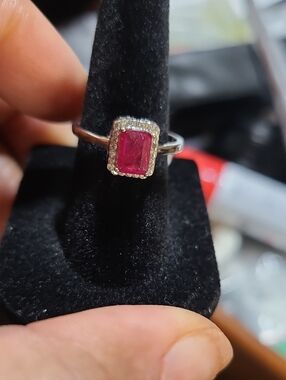 Women's Ruby Emerald Cut Gemstone Halo Ring with Diamonds